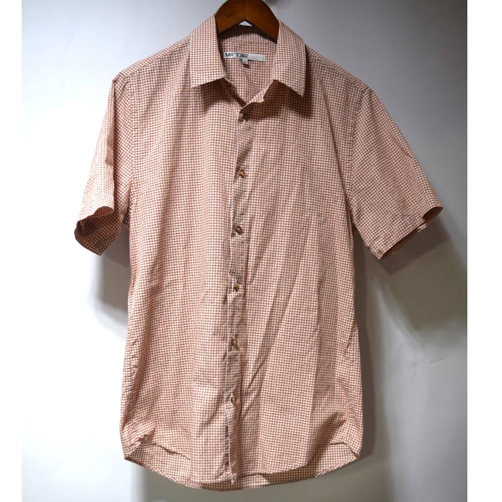 Mr Turk Mens Gingham Button Up Shirt Brown White Short Sleeve Size S